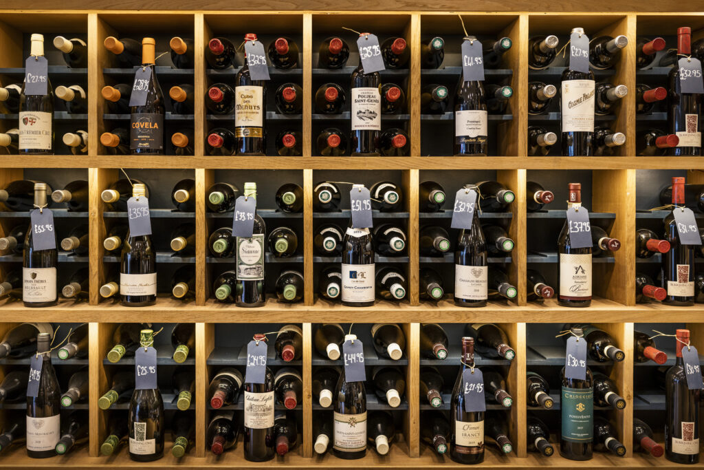 A wall of fine wines from Fairview Wines on North Street in Midhurst, West Sussex.