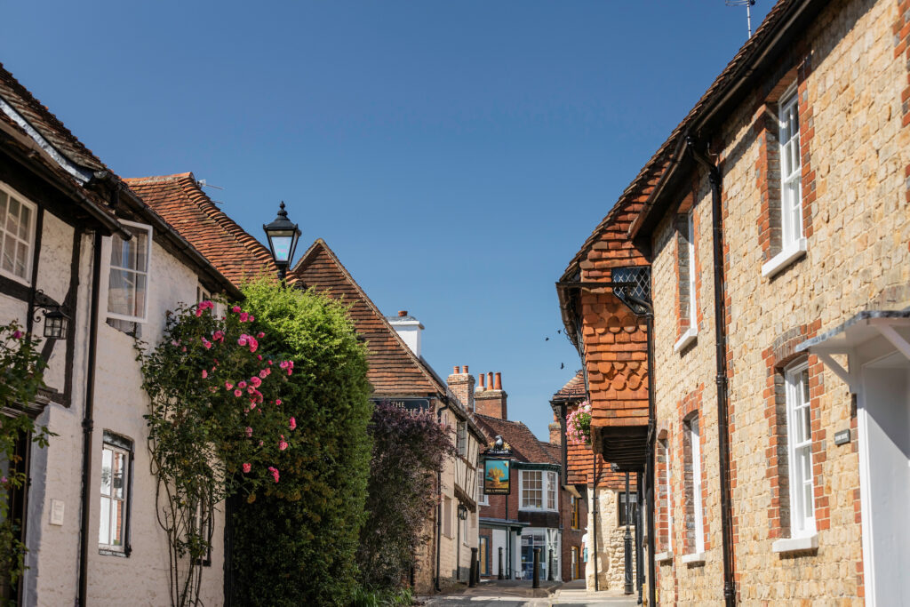 A view of Wool Lane, Midhurst, on a sunny day.