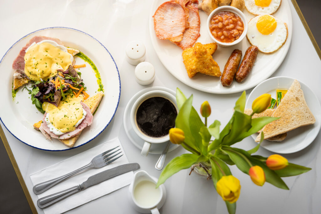 A top down closeup view of two breakfasts from Kemaellies cafe on North Street in Midhurst, West Sussex.