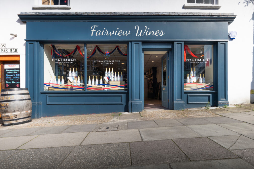 An exterior view of Fairview Wines on North Street in Midhurst, West Sussex as seen from the street.