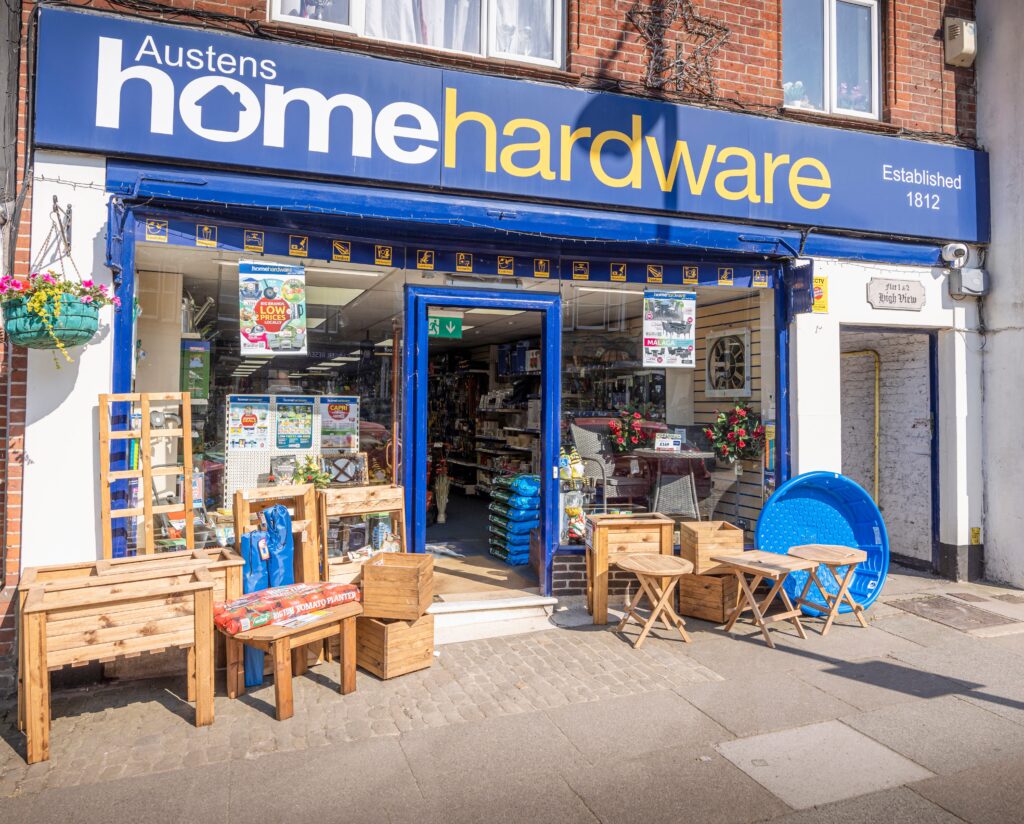 A street view of Austens Home Hardware on North Street in Midhurst West Sussex.