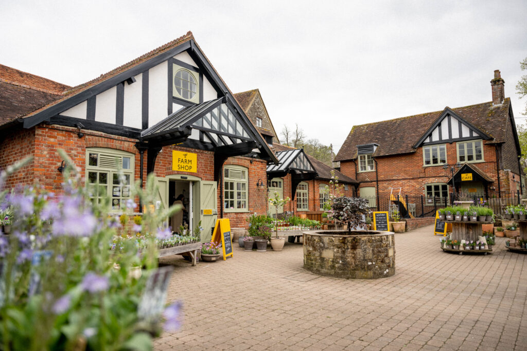 The courtyard of Cowdray Farm Shop & Cafe in Midhurst filled with plants.