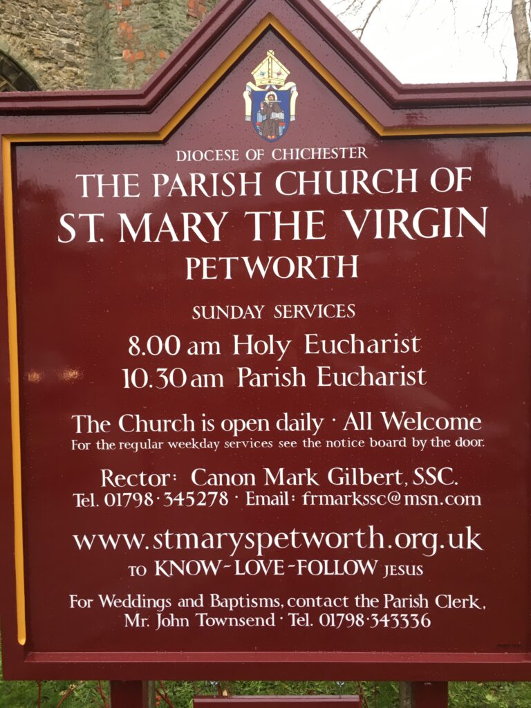 The sign for The Parish Church of St. Mary The Virgin Petworth as created by Osborne Signs Ltd.