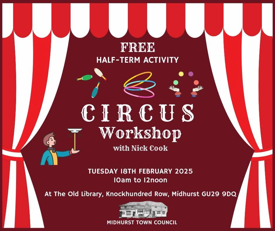 Midhurst Town Council free circus workshop advert.