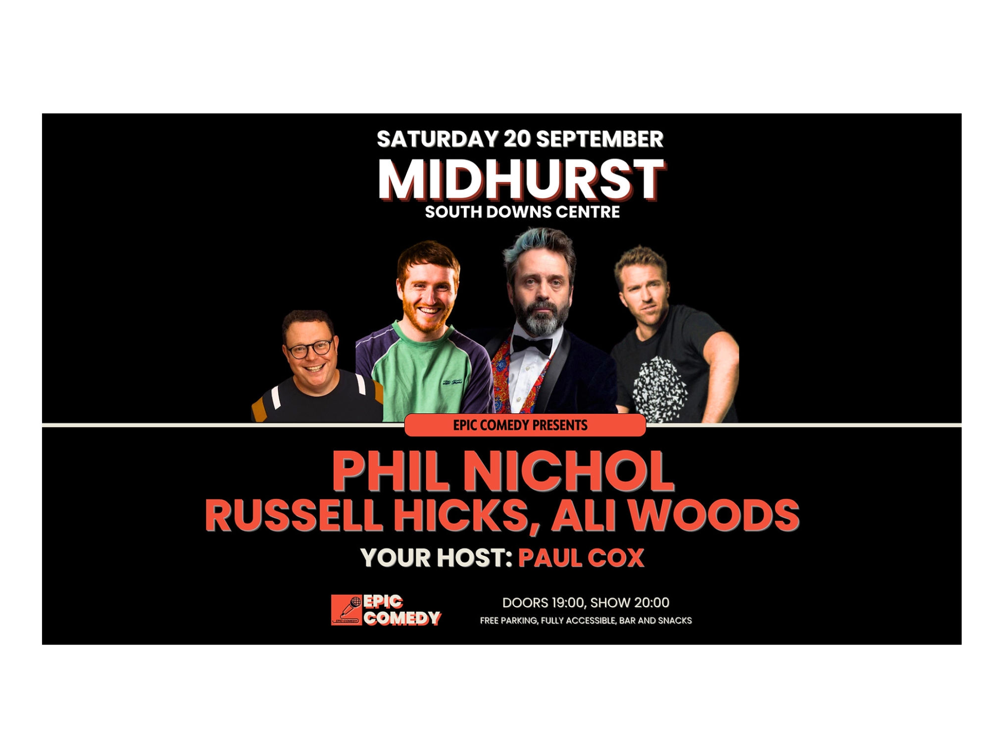 Epic Comedy Presents Phil Nichol 20 September 2025 at the Midhurst South Downs Centre.