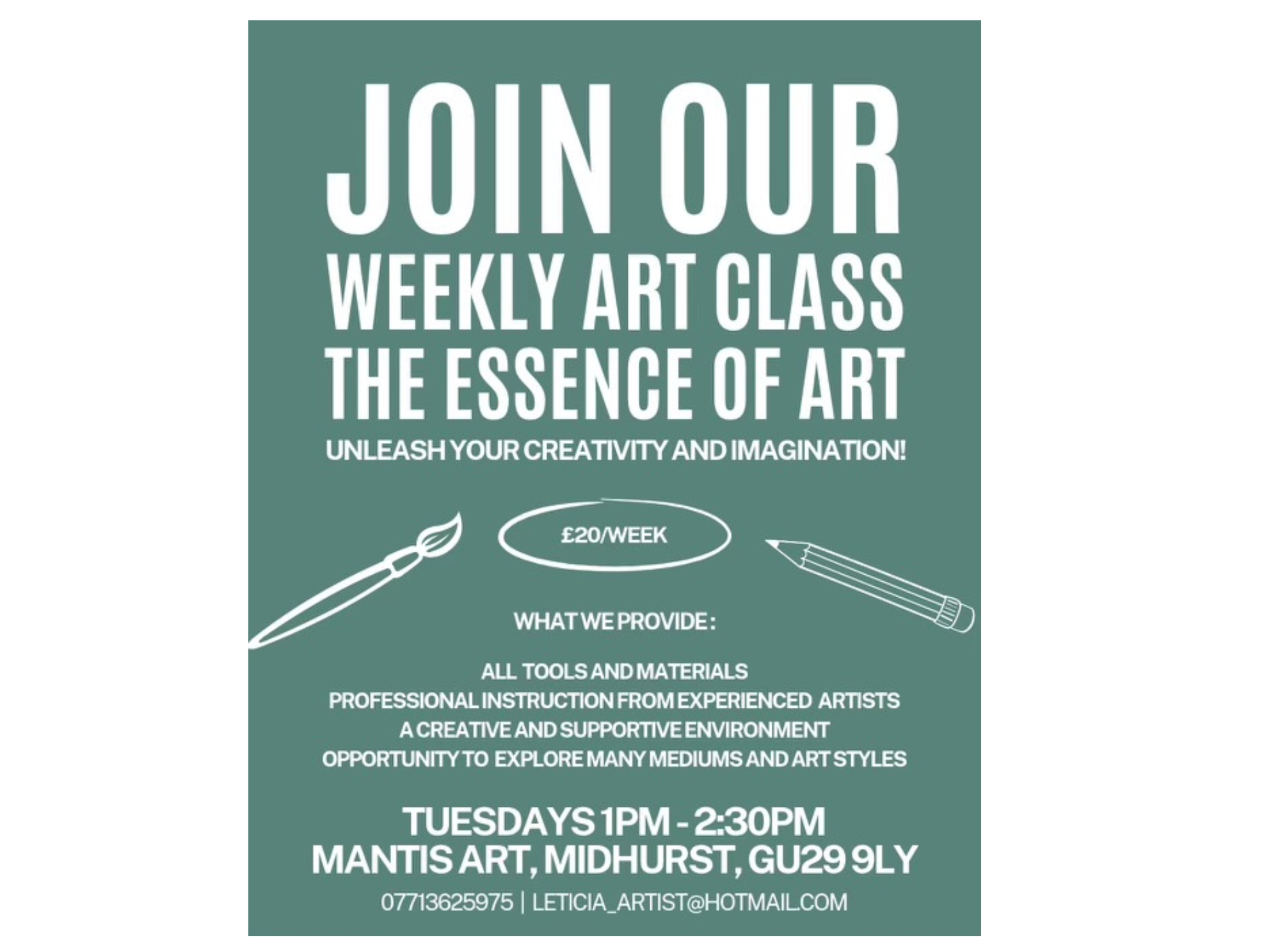 Mantis Art, weekly art classes 2025 at Mantis Art, Midhurst.